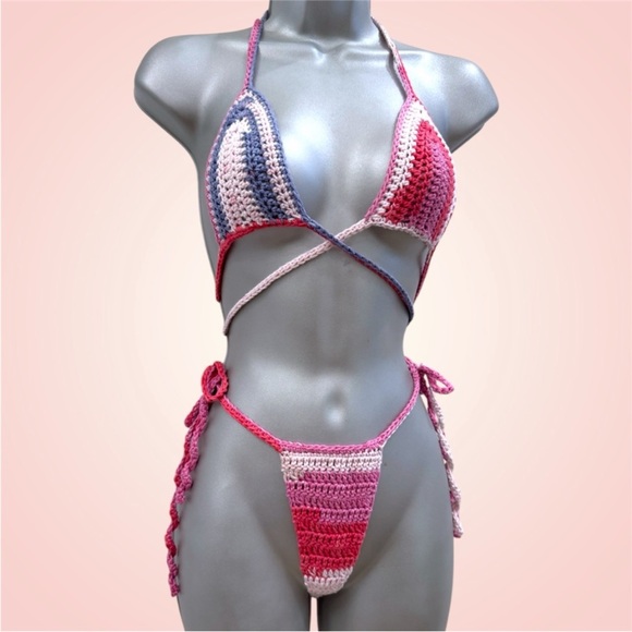 Hand-Crocheted Pink & Purple Gradient String Bikini - Picture 2 of 3